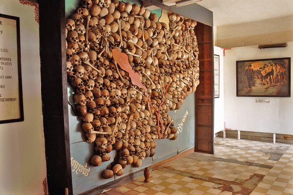 A map of Cambodia made with 300 human skulls in Toul Sleng Genocide Museum