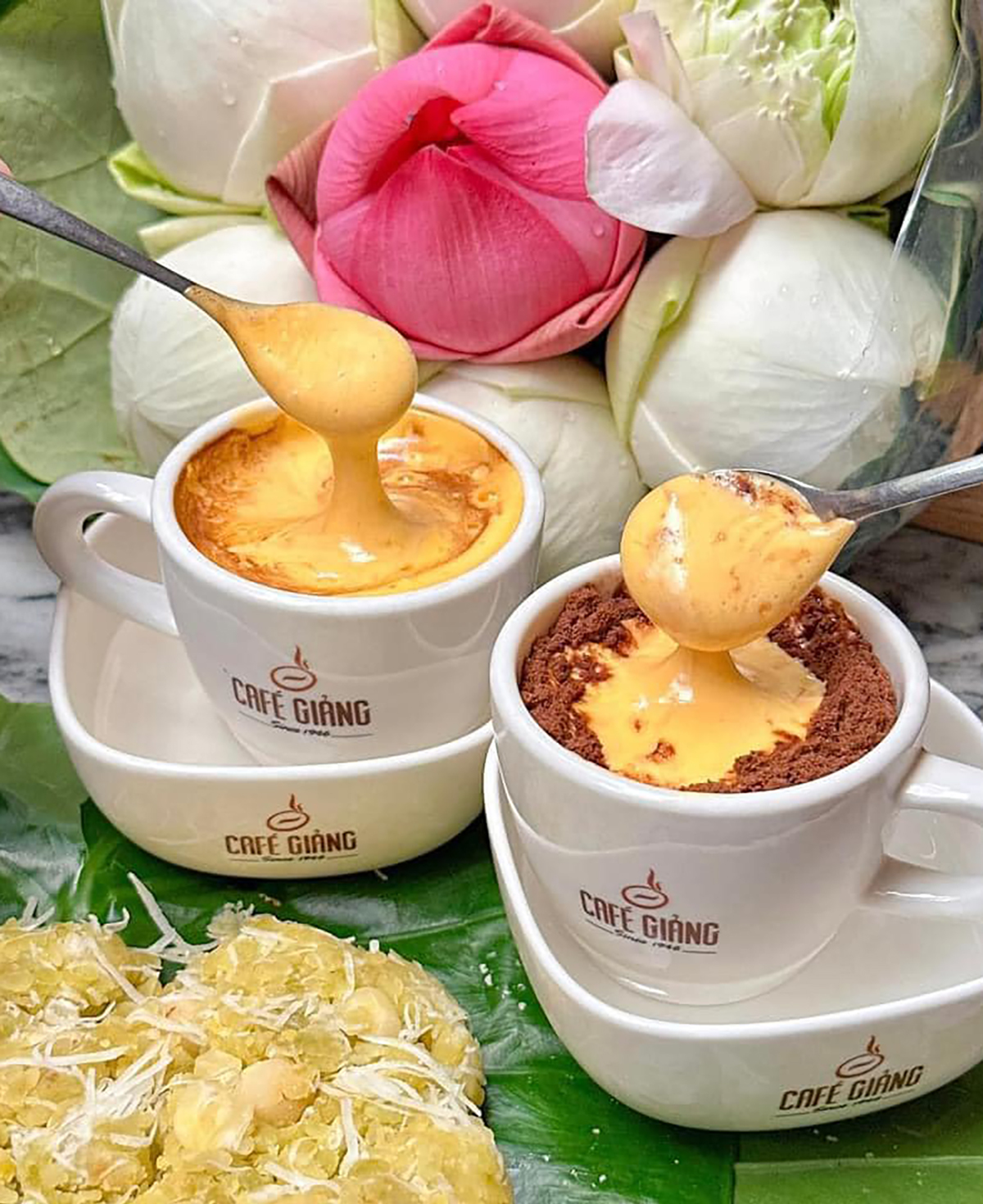 Two cups of egg coffee and egg cocoa at Giang coffee shop in Hanoi. Photo courtesy of Giang Café